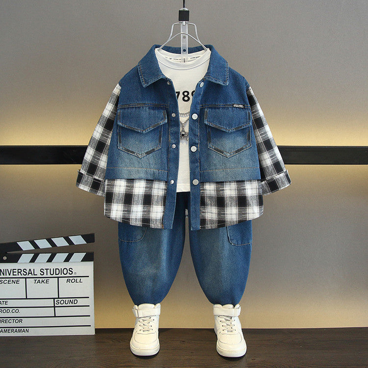 Completo Due Pezzi in Jeans 65% Cotone con Effetto Paint-Splatter e Dettagli Plaid