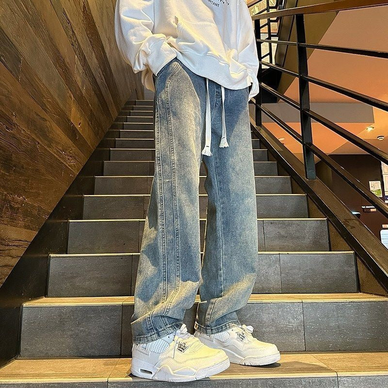 Jeans a Gamba Larga con Coulisse e Finitura Vintage "Old-Effect"