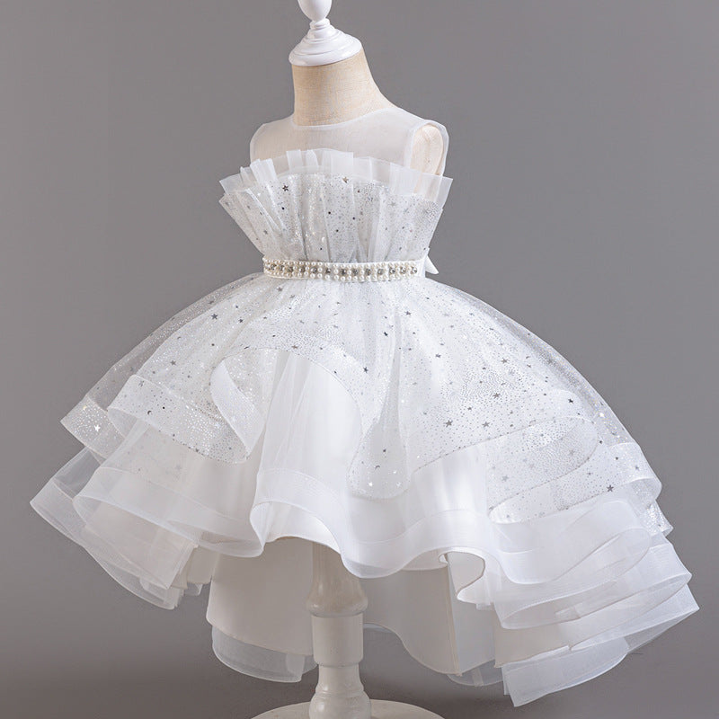 Abito Formale in Misto Cotone con Trame in Pizzo, Mesh e Dettagli Bow-Accent