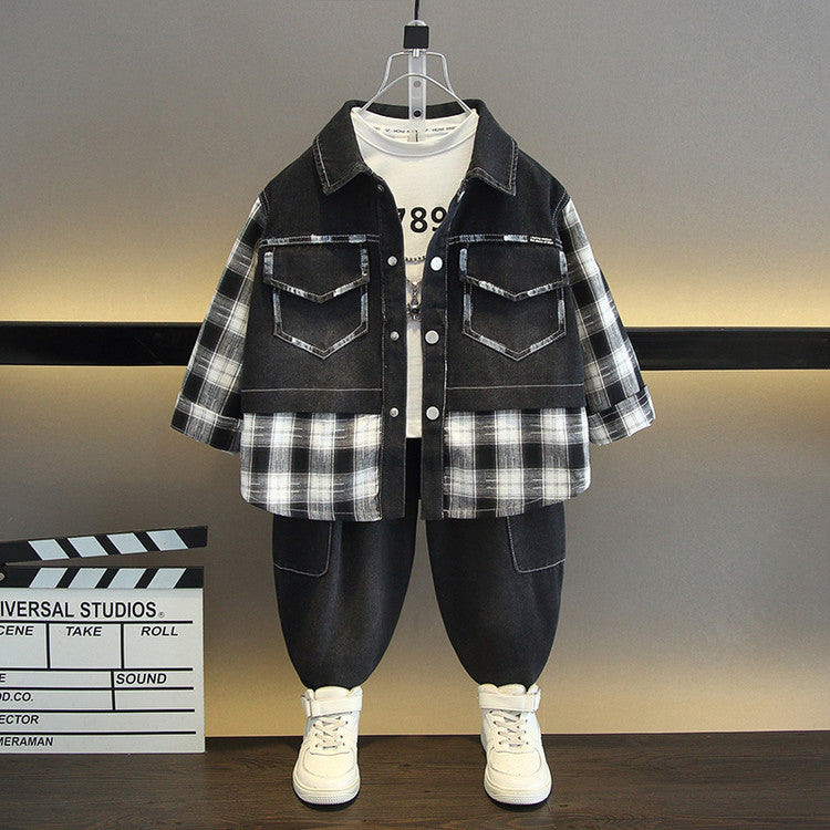 Completo Due Pezzi in Jeans 65% Cotone con Effetto Paint-Splatter e Dettagli Plaid