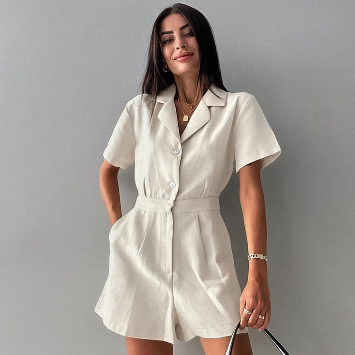 Jumpsuit Casual in Cotone e Lino con Collo a Giacca e Vita Alta