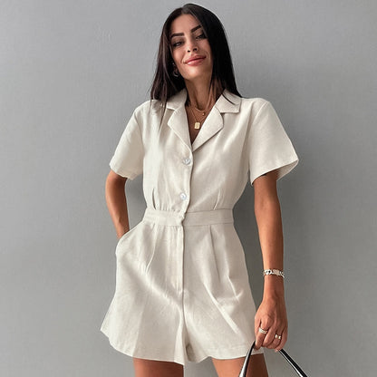 Jumpsuit Casual in Cotone e Lino con Collo a Giacca e Vita Alta