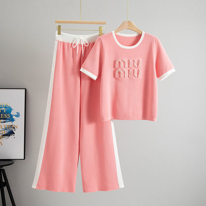 Completo Casual Pantalone Knit Beading & Letters