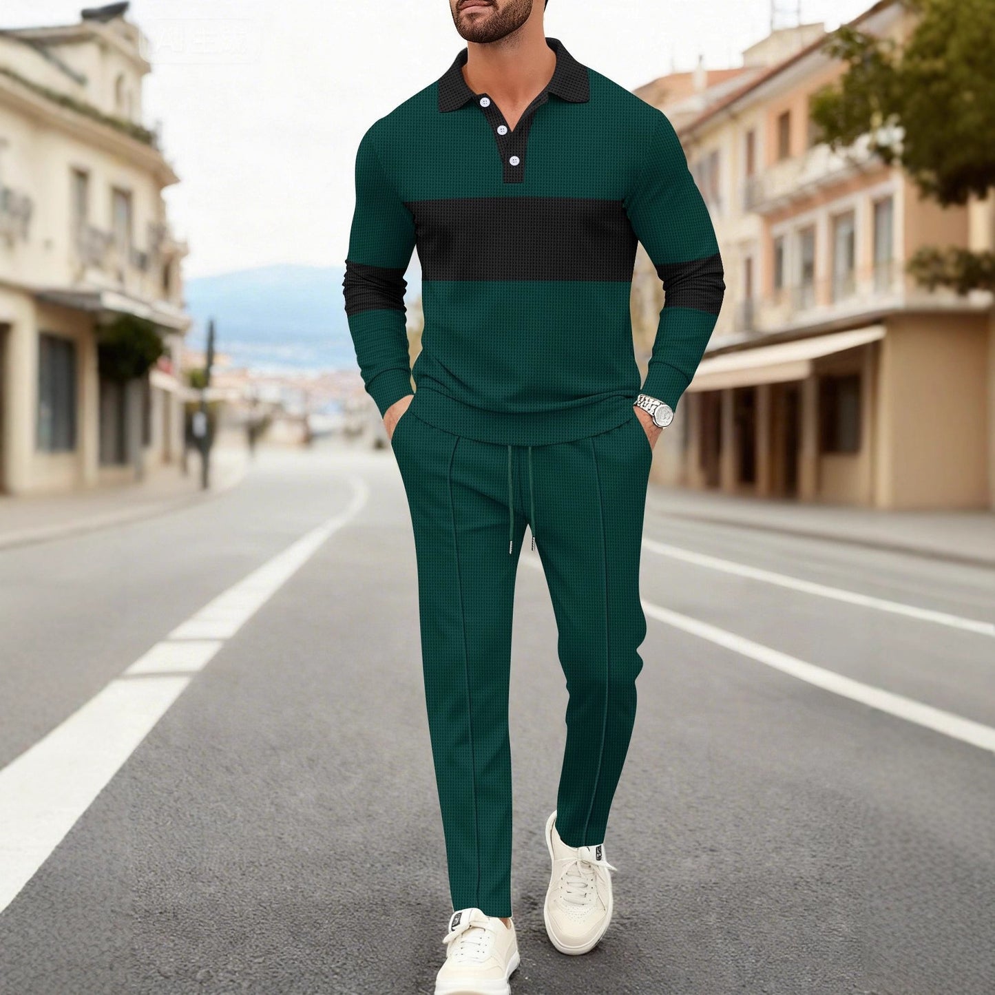 Set Coordinato con Polo a Manica Lunga e Pantaloni Tecnici Strutturati
