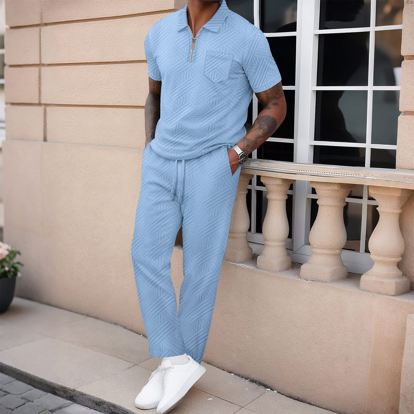 Set Coordinato con T-shirt Half-Zip e Pantaloni Tecnici Strutturati