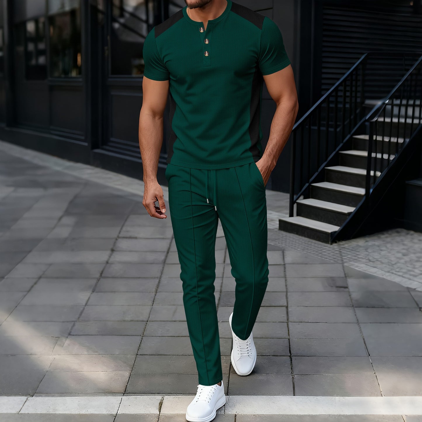 Completo Henry Shirt & Pantaloni in Heavy Waffle-Knit