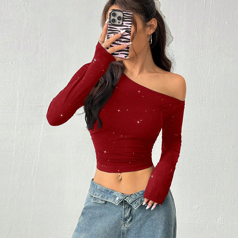 Top in Maglia con Spalla Scoperta e Strass