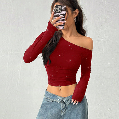 Top in Maglia con Spalla Scoperta e Strass