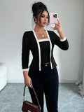 Set Due Pezzi con Cardigan Open-Collar e Vest Coordinato in Maglia Patchwork