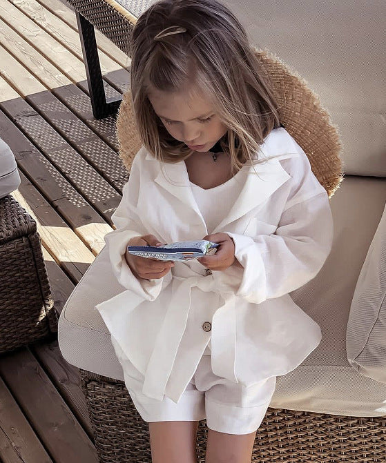 Completo Due Pezzi in Misto Lino con Giacca a Bottone Singolo e Shorts