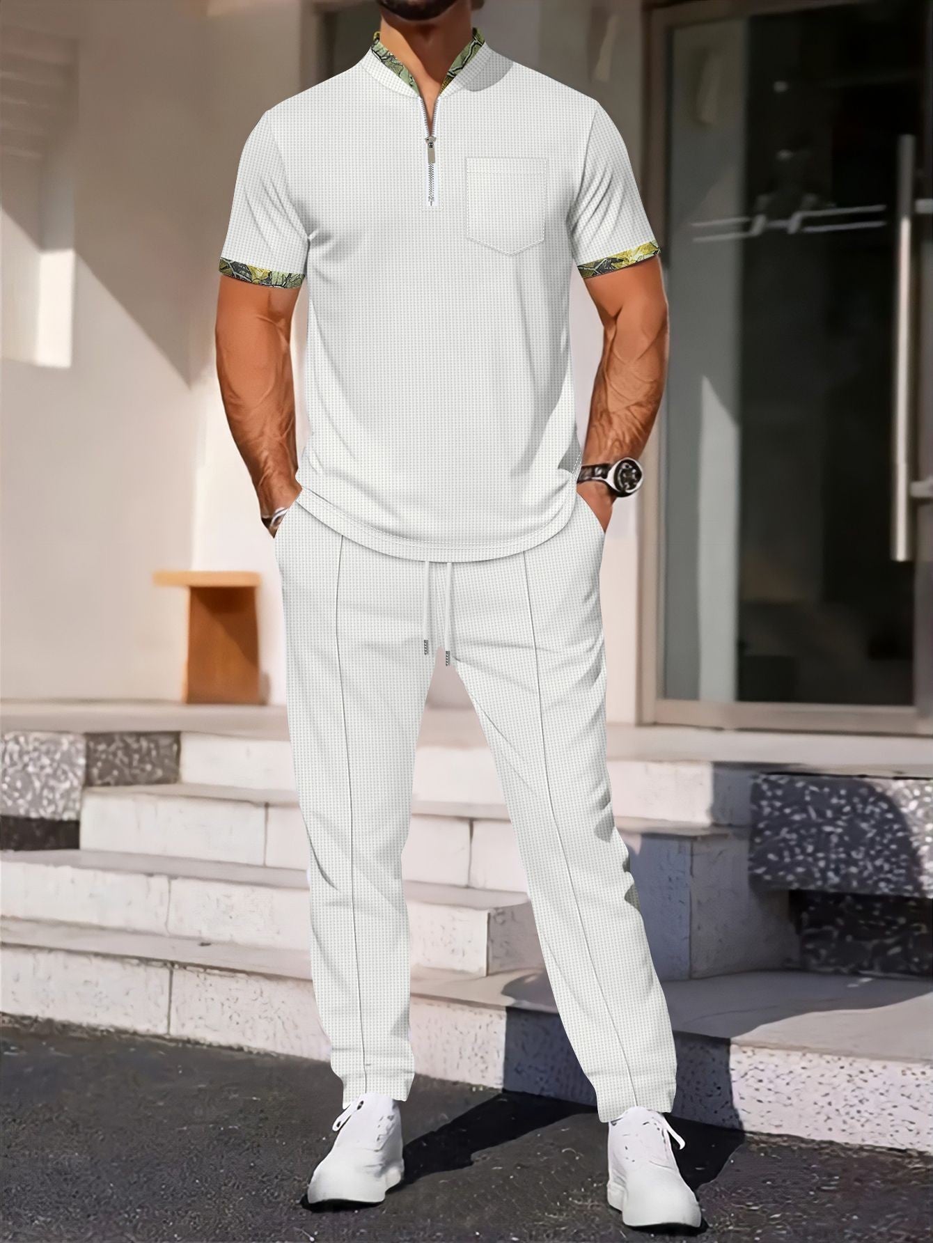 Tuta Casual con Top Stand-Collar e Pantaloni Tecnici Strutturati