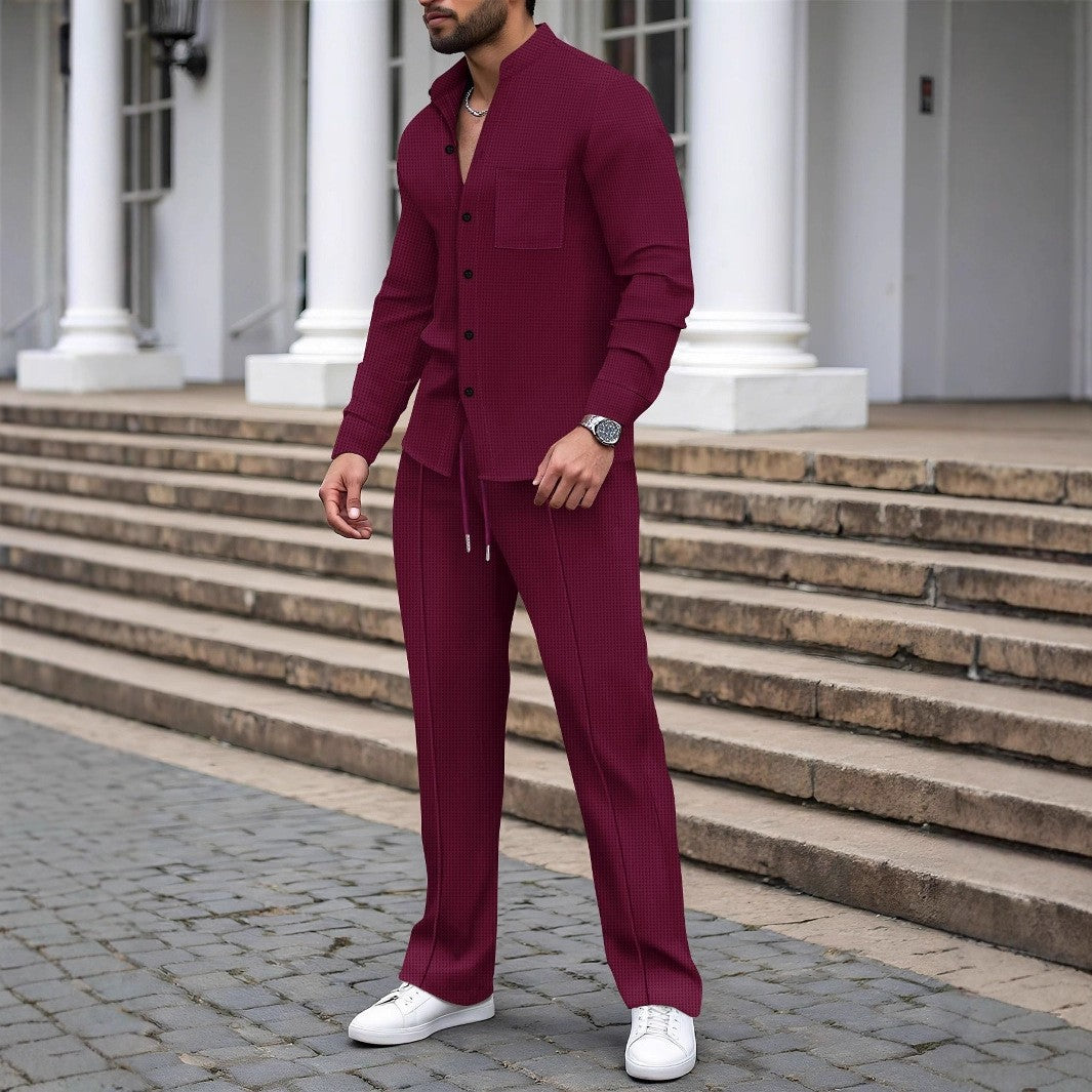 Completo con Camicia Cardigan Stand-Collar e Pantaloni Tecnici
