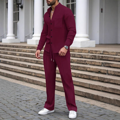 Completo con Camicia Cardigan Stand-Collar e Pantaloni Tecnici