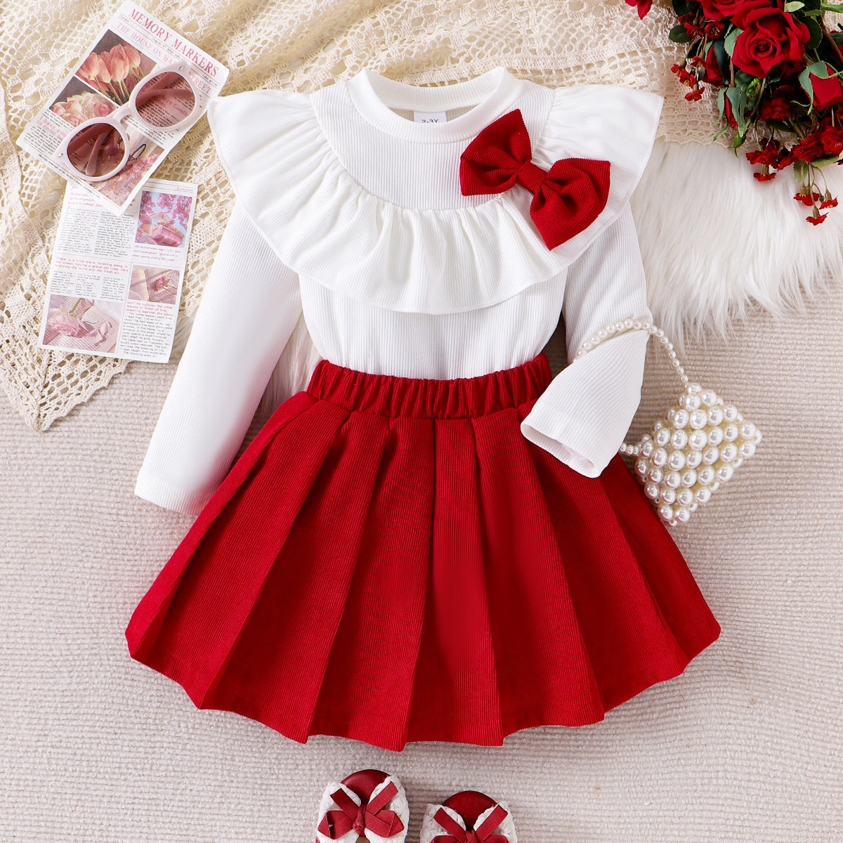 Completo Due Pezzi in Cotone con Dettaglio Bow e Silhouette Skirt-Suit