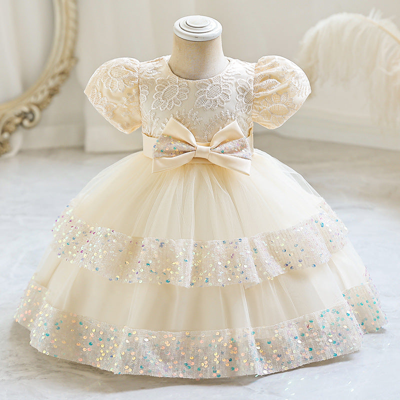 Abito da Cerimonia in Misto Cotone con Dettagli Bow-Accent e Mesh Plissettato