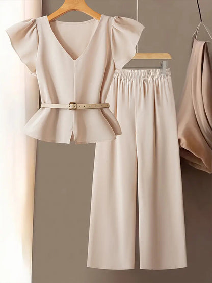 Completo Top Set "Slimming" con Dettaglio Belt e Texture Woven