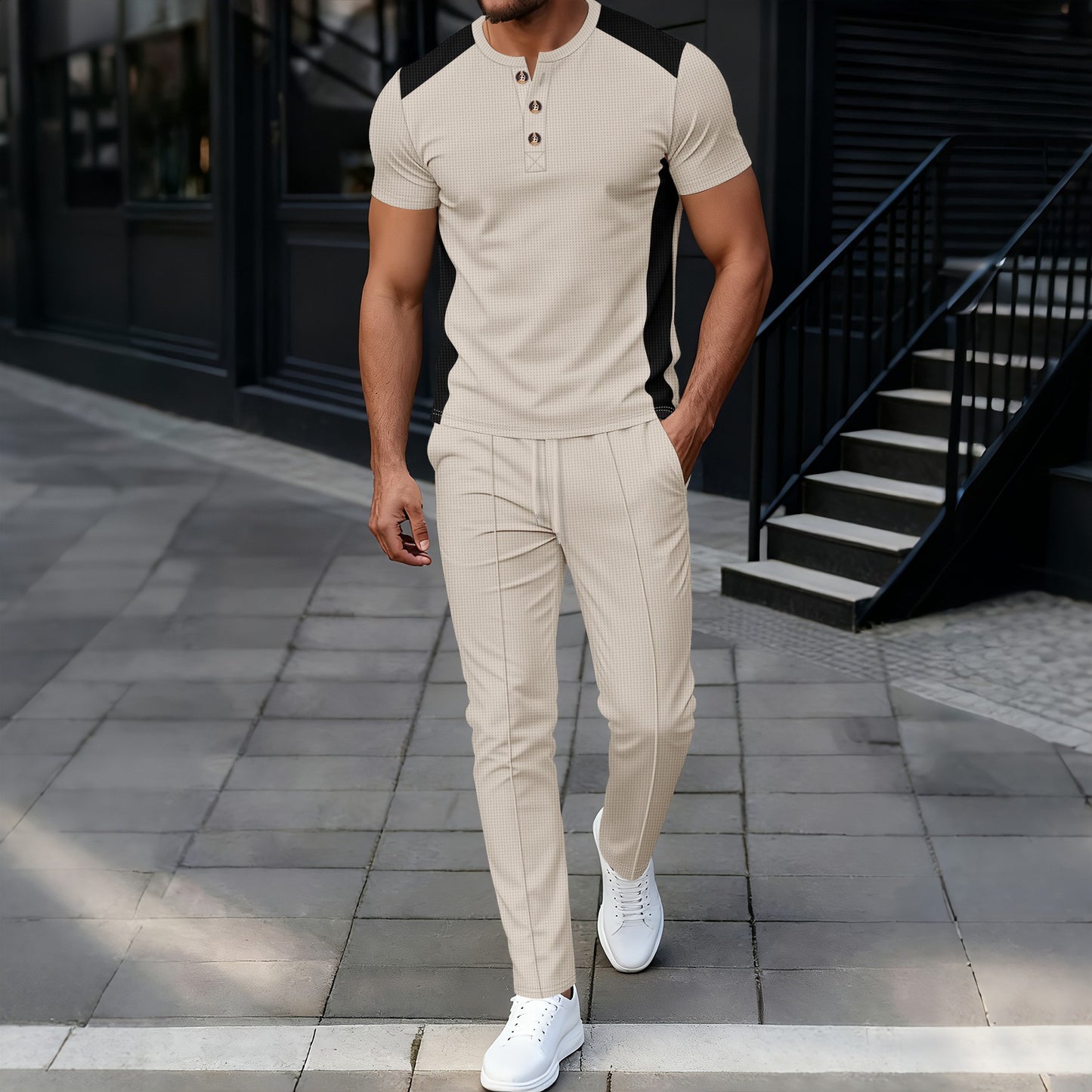 Completo Henry Shirt & Pantaloni in Heavy Waffle-Knit