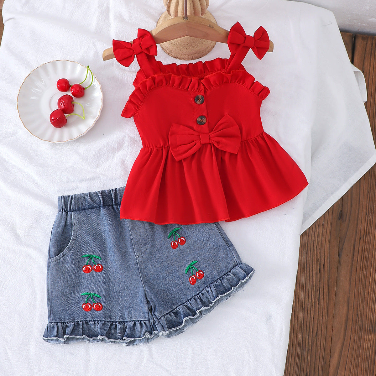 Completo Due Pezzi in Tessuto Cowboy Soft-Touch con Dettaglio Bow Tie e Silhouette Europe & America