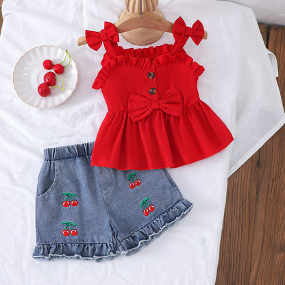 Completo Due Pezzi in Tessuto Cowboy Soft-Touch con Dettaglio Bow Tie e Silhouette Europe & America