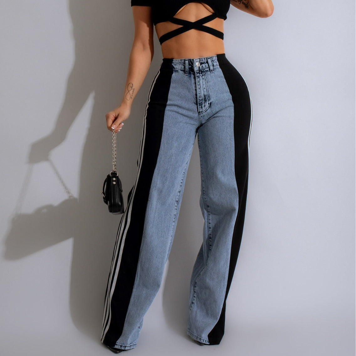 Denim Wide-Leg High-Waist con Splicing Laterale e High Elasticity