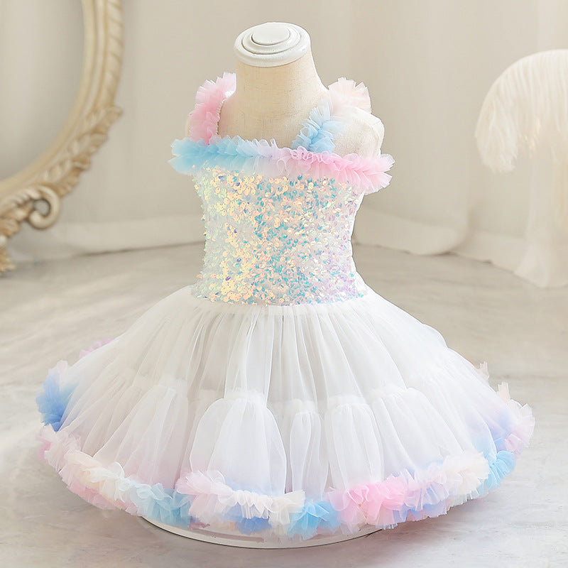 Abito in Misto Cotone con Dettagli Flower-Style, Sequins e Mesh Plissettato