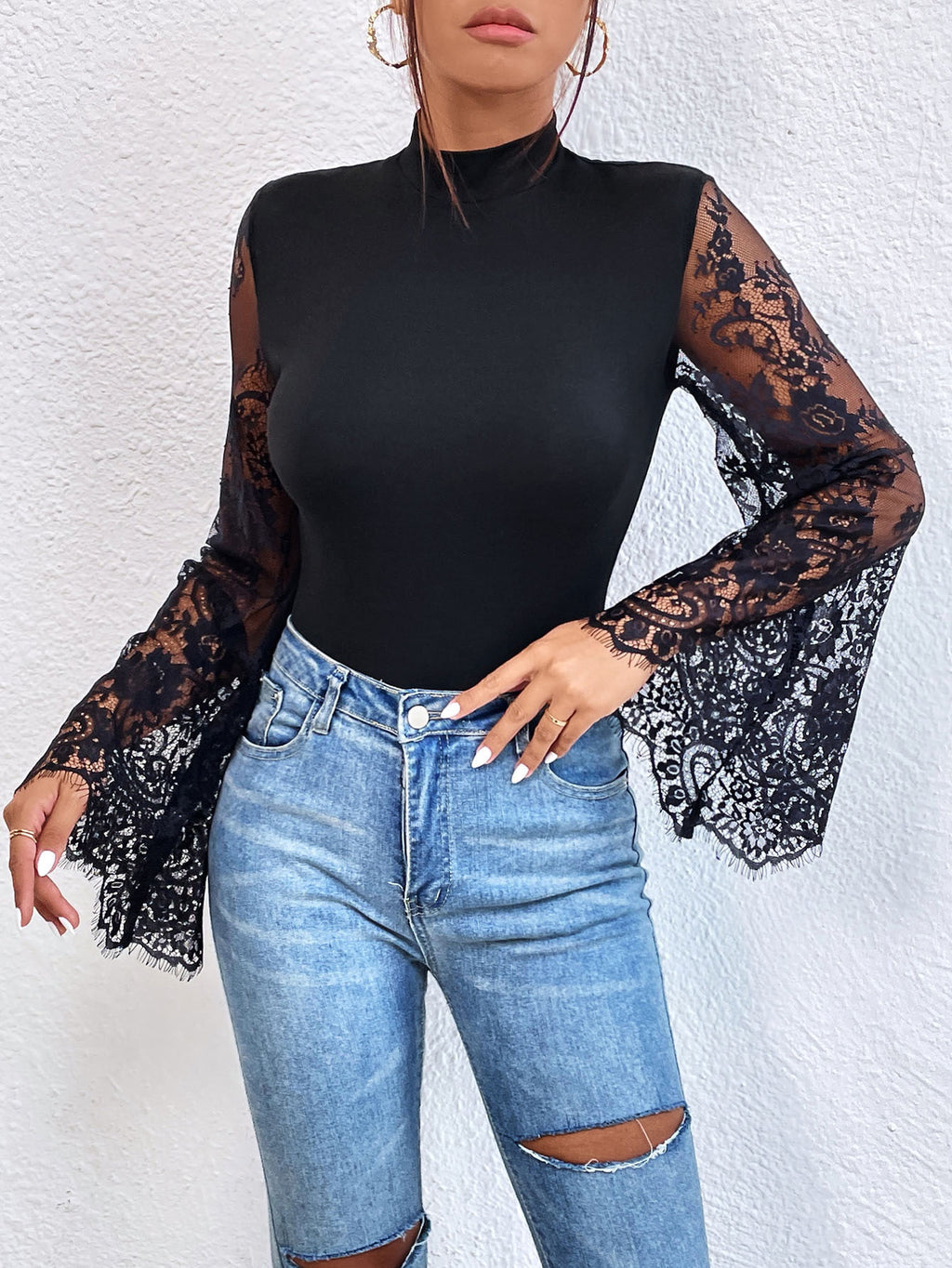 Jumpsuit Slim con Inserti in Pizzo e Mesh Trasparente