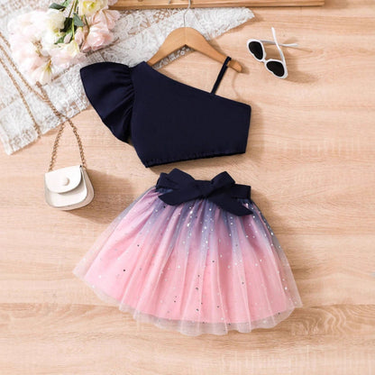 Completo Due Pezzi in Tessuto Knitted con Dettagli in Tulle e Silhouette Europe & America