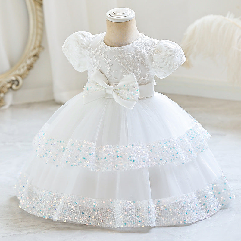 Abito da Cerimonia in Misto Cotone con Dettagli Bow-Accent e Mesh Plissettato
