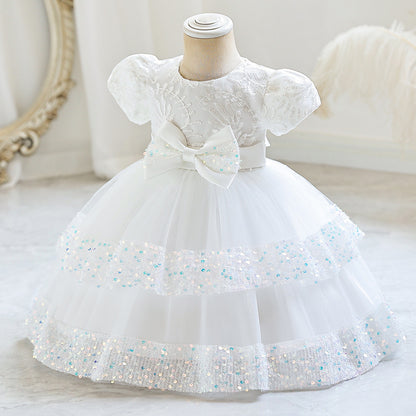 Abito da Cerimonia in Misto Cotone con Dettagli Bow-Accent e Mesh Plissettato