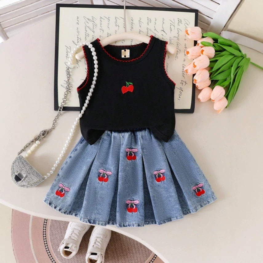 Completo Due Pezzi in Denim Soft-Touch con Pattern Floreale e Silhouette Skirt-Set